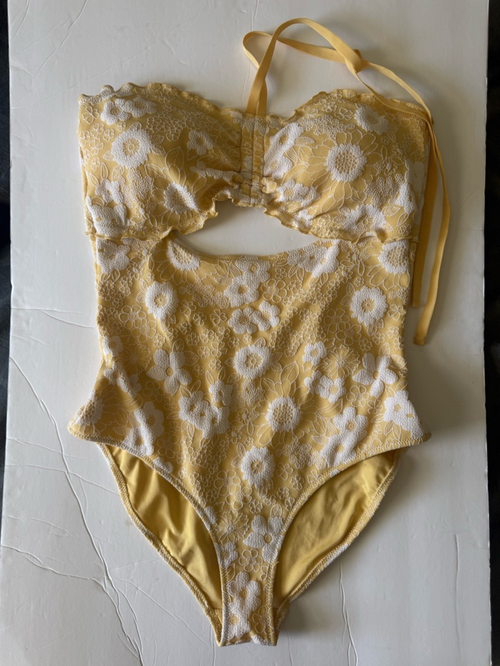 Aerie Jacquard Floral Halter Bandeau One-Piece Swimsuit  Size Large